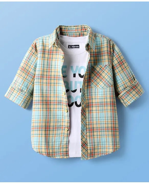 Pine Kids Cotton Knit Full Sleeves Checkered Shirt with T-Shirt - Aqua Blue